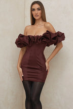 Flowering Girl Women Burgundy Satin Ruffle Strapless Mini Dress