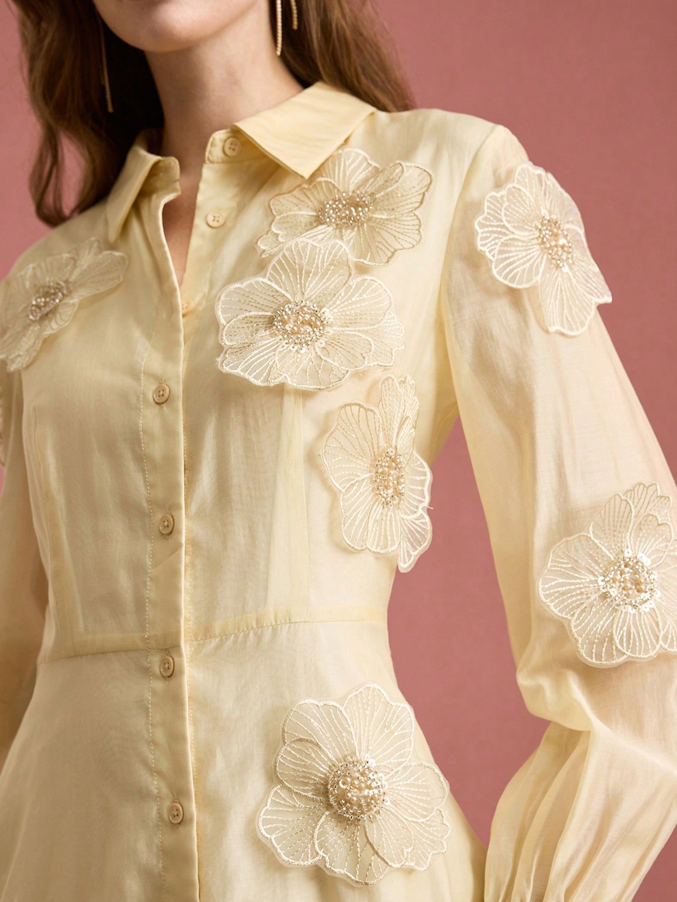 Susanna Floral Applique Shirt Midi Dress In Yellow