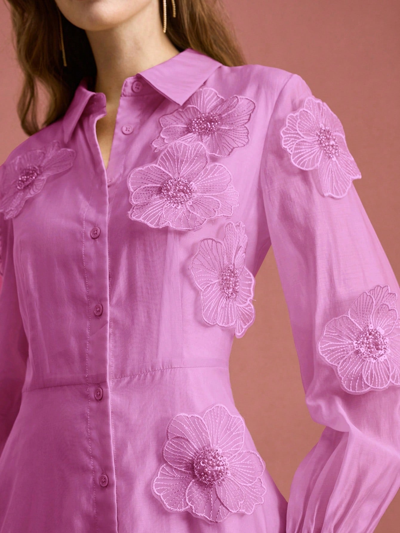 Susanna Floral Applique Shirt Midi Dress In Pink