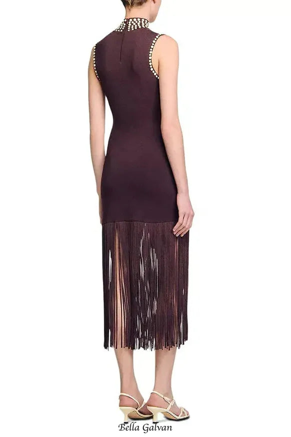 lara Brown Fringe Knit Embellished sleevless midi Dress