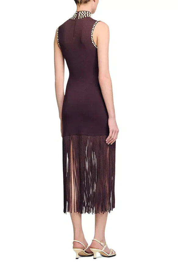 Lara Brown Fringe Knit Embellished Sleevless Midi Dress