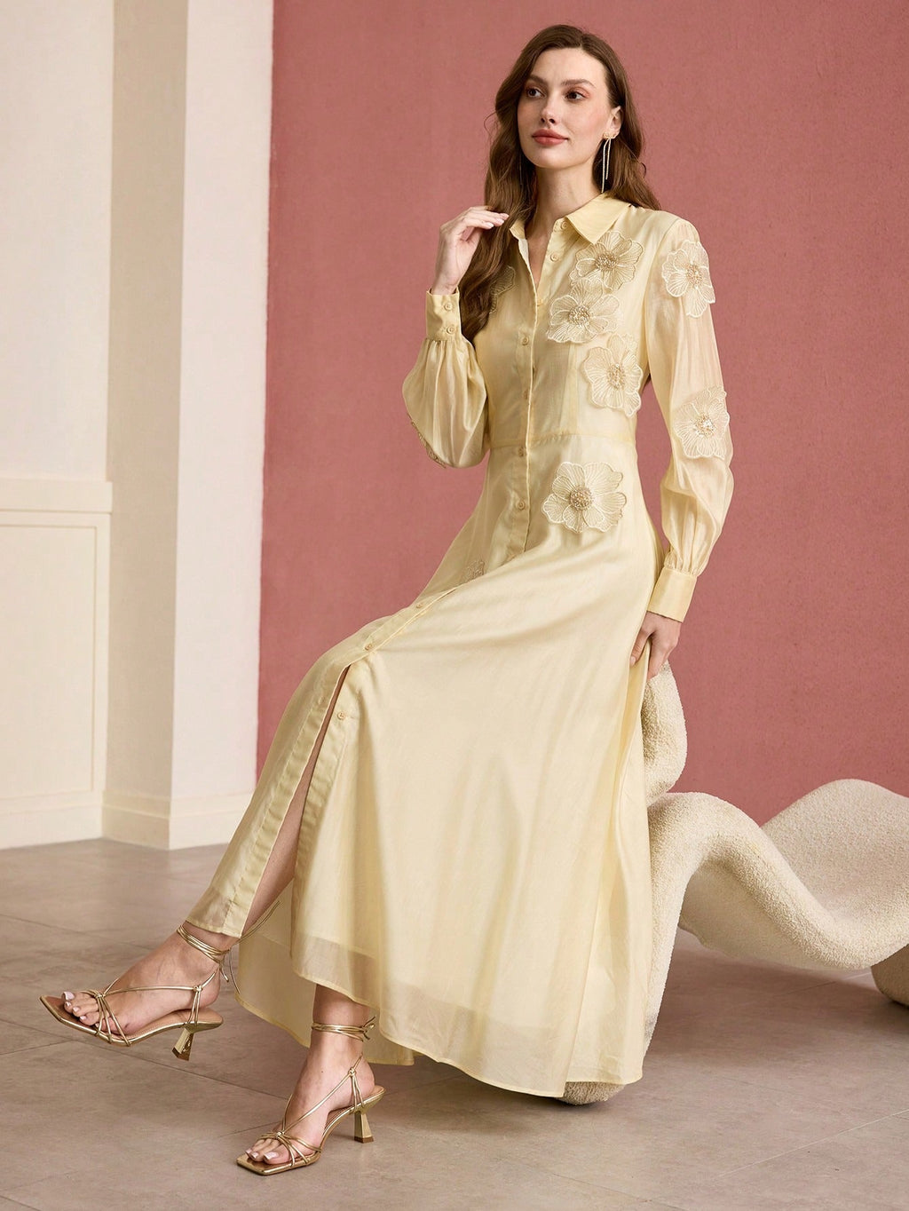 Susanna Floral Applique Shirt Midi Dress In Yellow