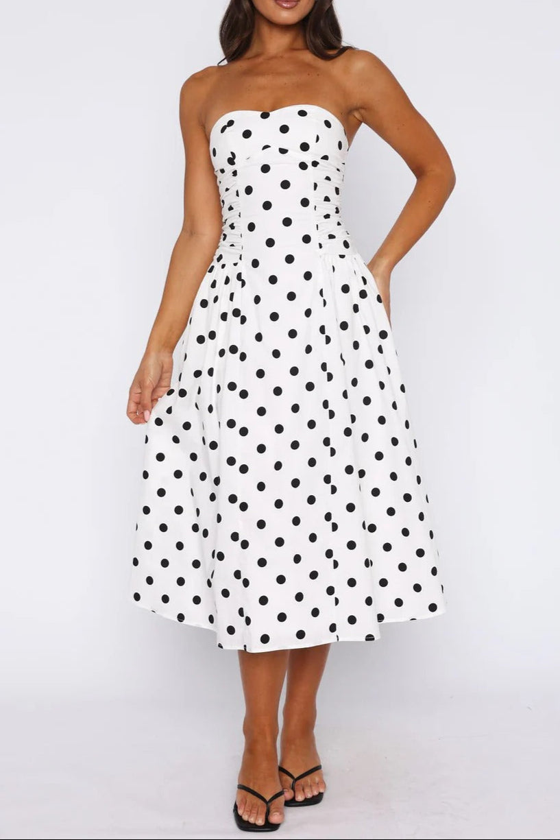 Sandra Polka Dot Strapless Midi Dress In White