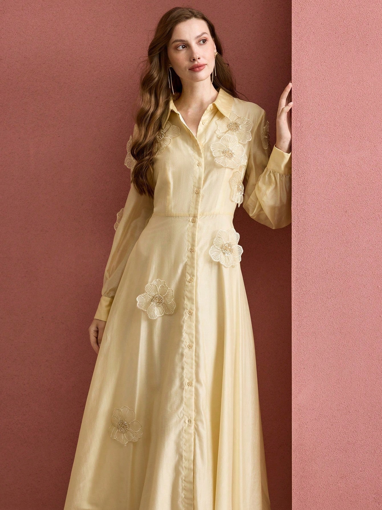 Susanna Floral Applique Shirt Midi Dress In Yellow