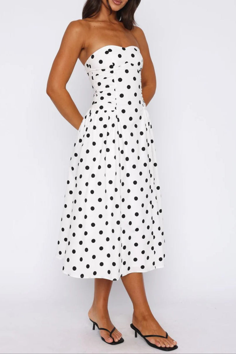 Sandra Polka Dot Strapless Midi Dress In White
