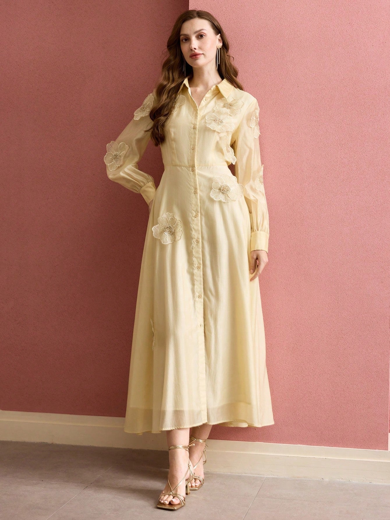Susanna Floral Applique Shirt Midi Dress In Yellow