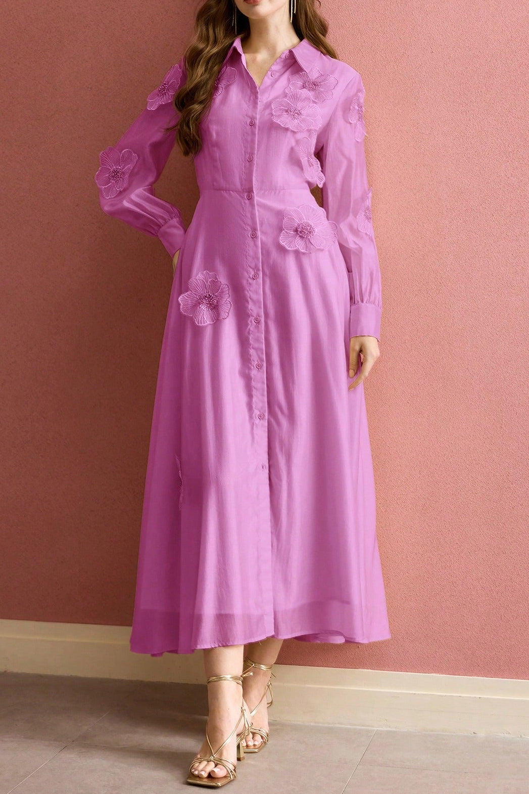 Susanna Floral Applique Shirt Midi Dress In Pink
