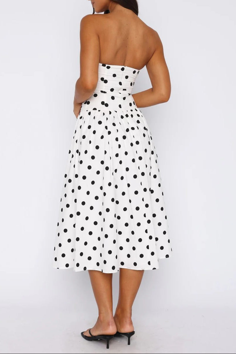 Sandra Polka Dot Strapless Midi Dress In White