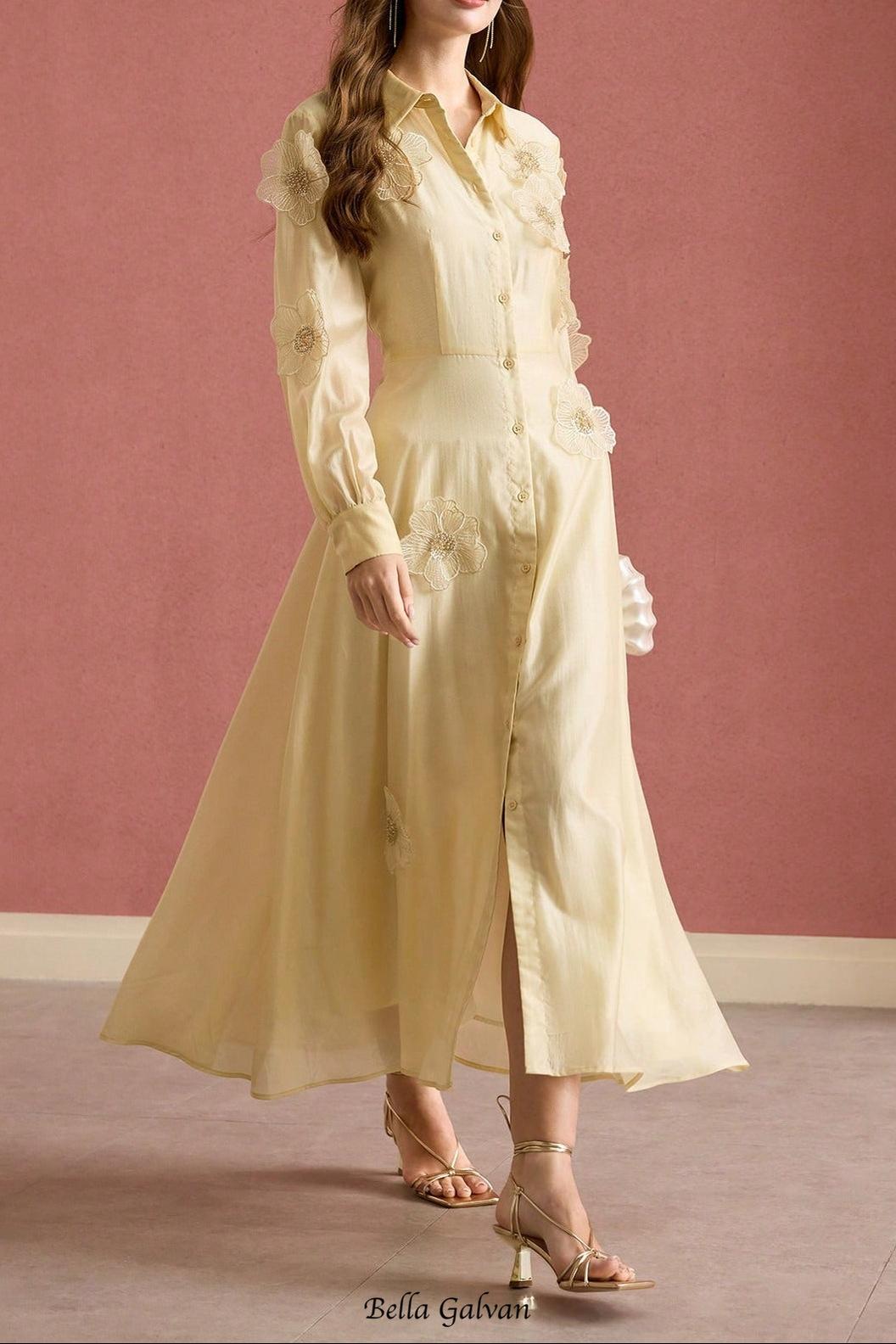 susanna floral Applique Shirt Midi Dress in yellow