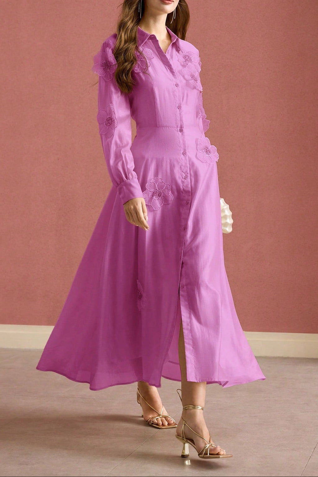 Susanna Floral Applique Shirt Midi Dress In Pink