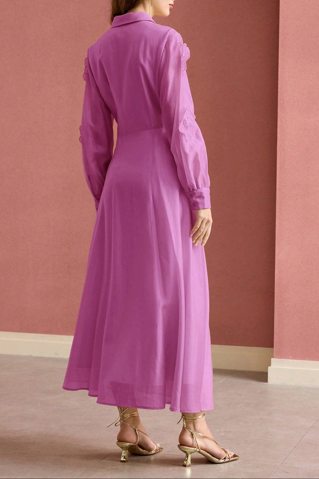Susanna Floral Applique Shirt Midi Dress In Pink
