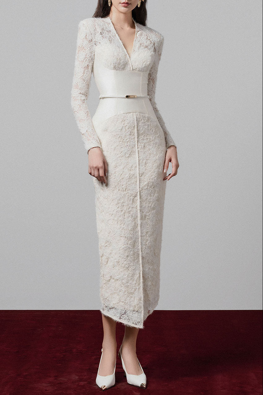 Kimberley White v-Neck Lace Patchwork Midi Dress