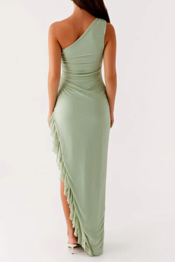 One-Shoulder Slit Ruffle Trim Maxi Dress In Sage Green