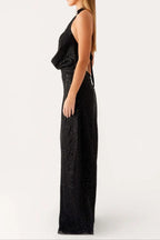 Sequin Cutout Halter Backless Maxi Dress In Black
