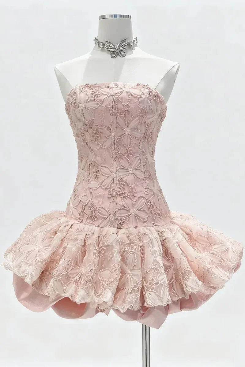 katherine Embroidered Lace Ruffle Mini Dress in pink