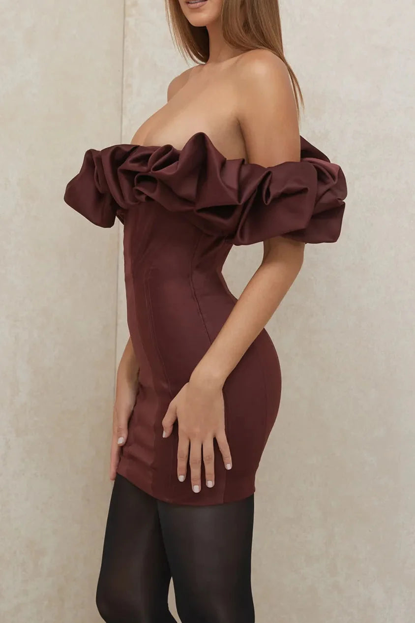 Flowering Girl Women Burgundy Satin Ruffle Strapless Mini Dress