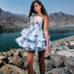 Flowering Girl Women Helen 3D Flower Chiffon Ruffle Mini Dress In Blue