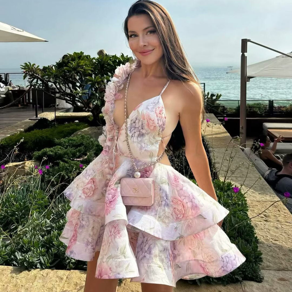 Flowering Girl Women Helen 3D Flower Chiffon Ruffle Mini Dress In Pink