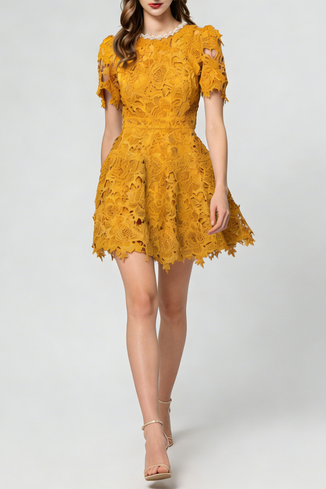 Flowering Girl Women sylvia orange Beaded hollow crochet mini dress