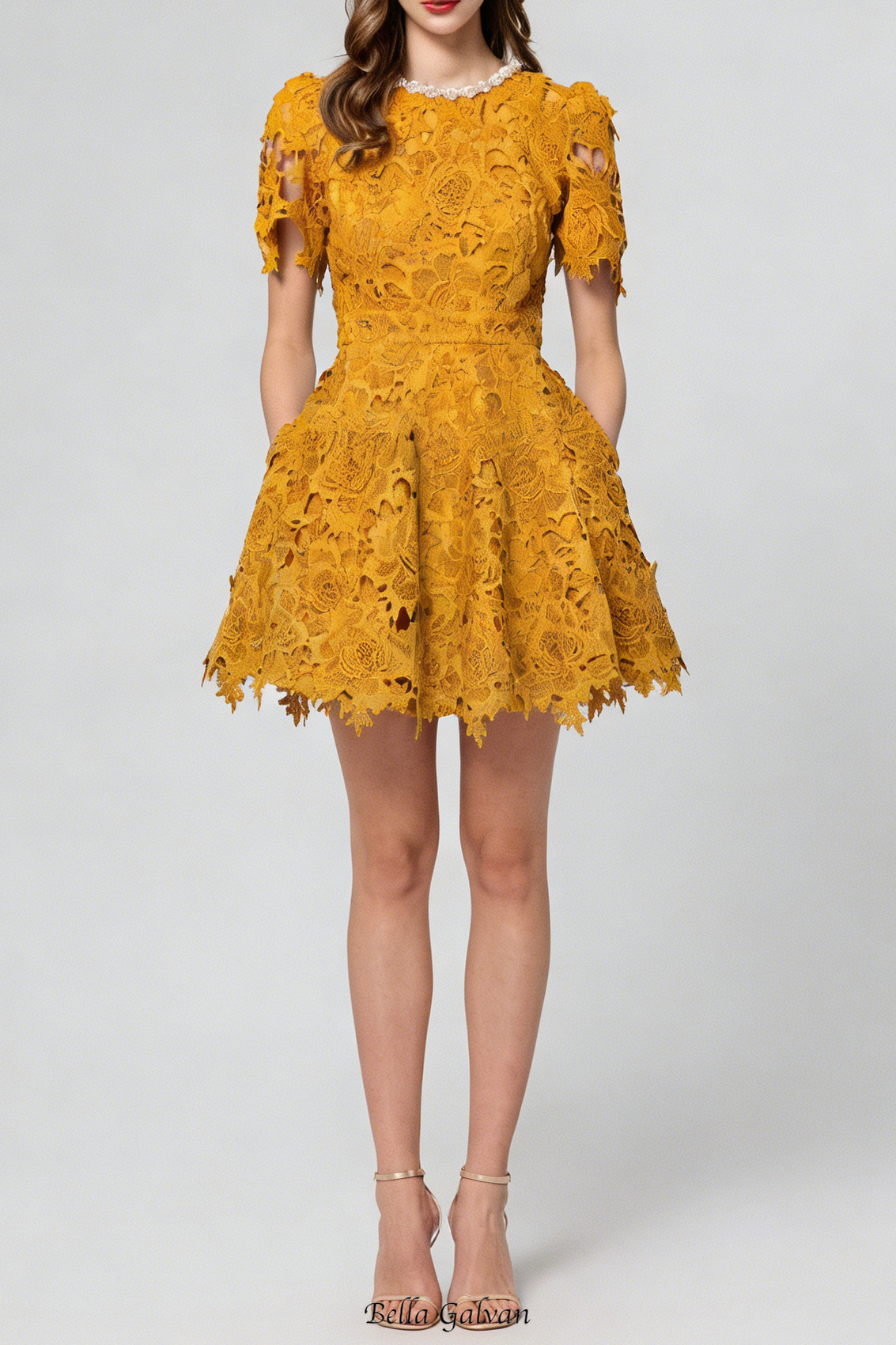 Flowering Girl Women sylvia orange Beaded hollow crochet mini dress