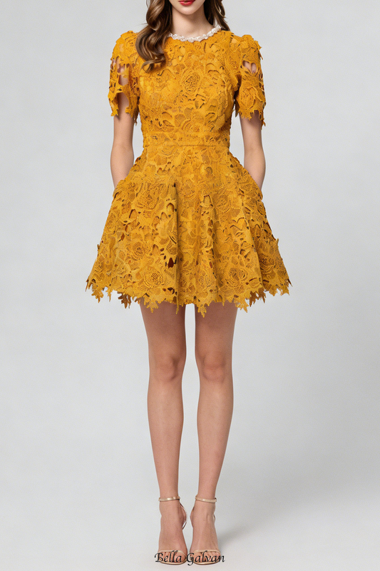sylvia orange Beaded hollow crochet mini dress