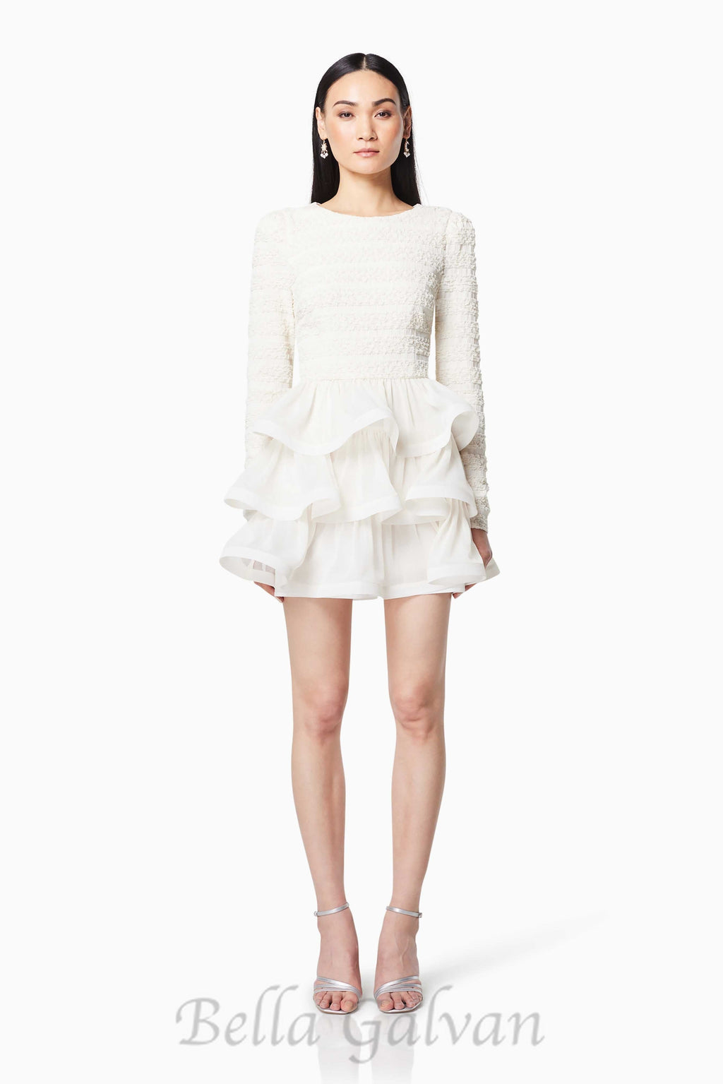 Flowering Girl Women Ruffle trim Long Sleeved Mini Dress in white