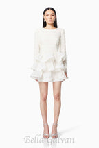 Flowering Girl Women Ruffle trim Long Sleeved Mini Dress in white