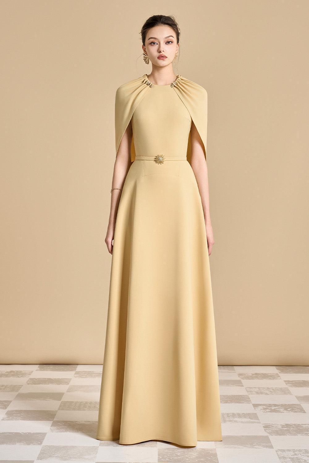 Flowering Girl Women Jasmine A-Line Cape Sleeved Maxi Dress In Yellow Beige