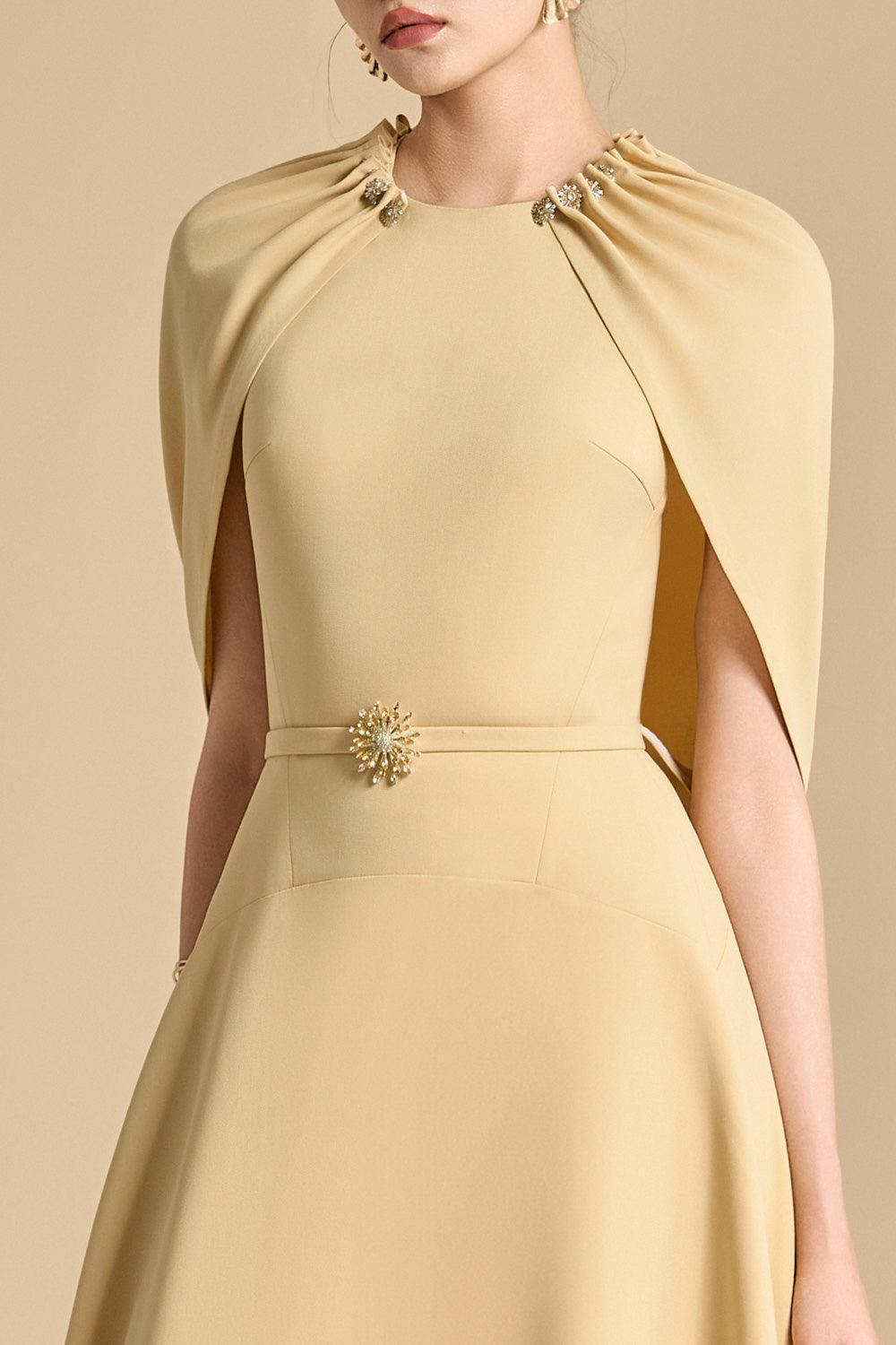 Flowering Girl Women Jasmine A-Line Cape Sleeved Maxi Dress In Yellow Beige