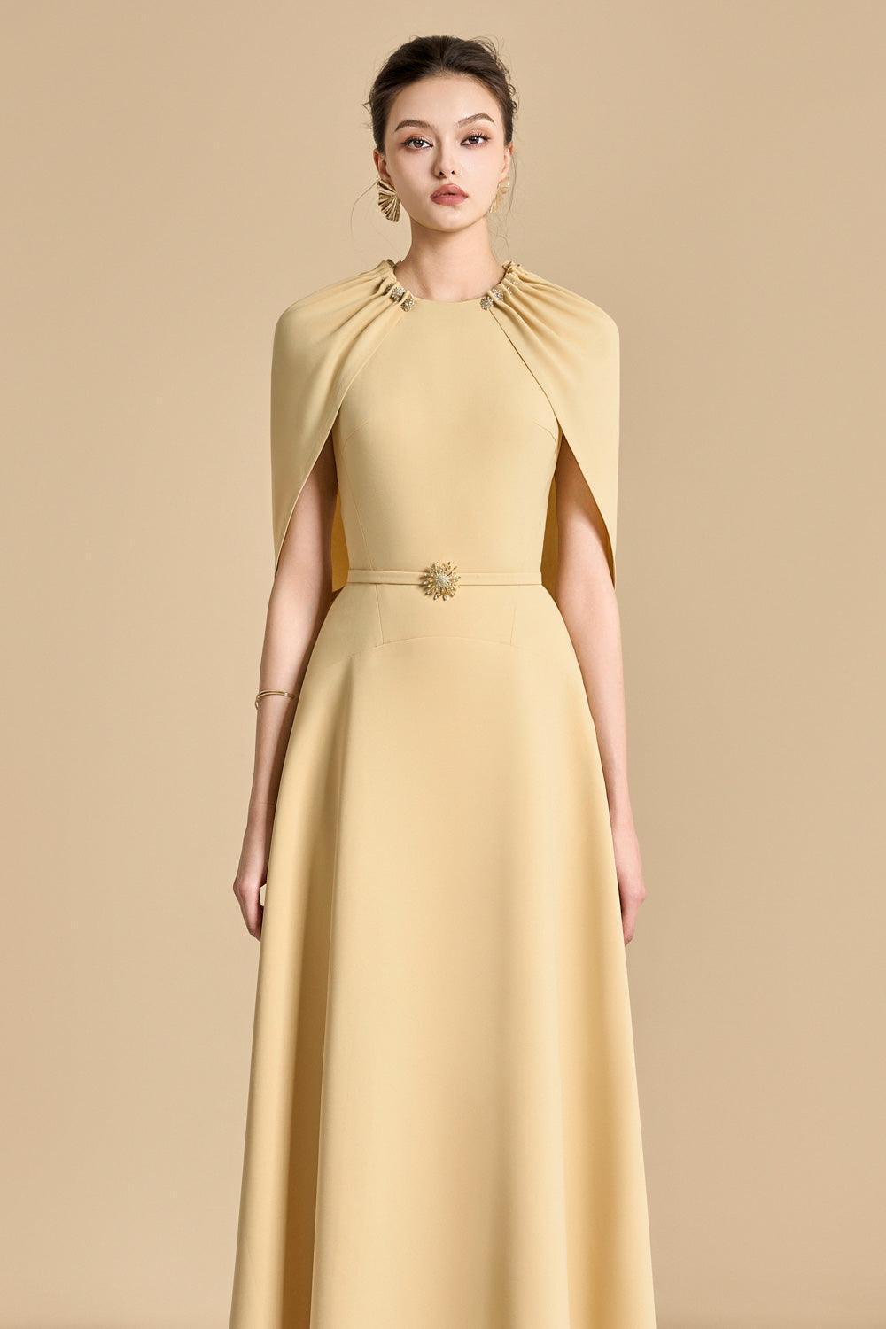 Flowering Girl Women Jasmine A-Line Cape Sleeved Maxi Dress In Yellow Beige