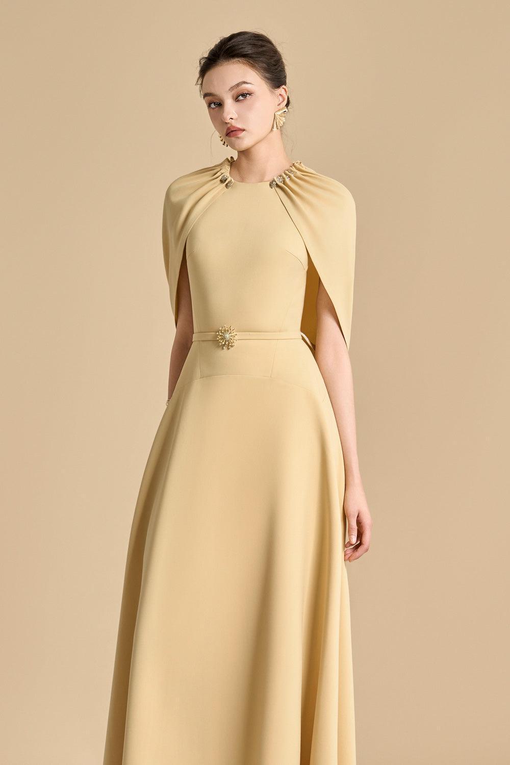 Flowering Girl Women Jasmine A-Line Cape Sleeved Maxi Dress In Yellow Beige