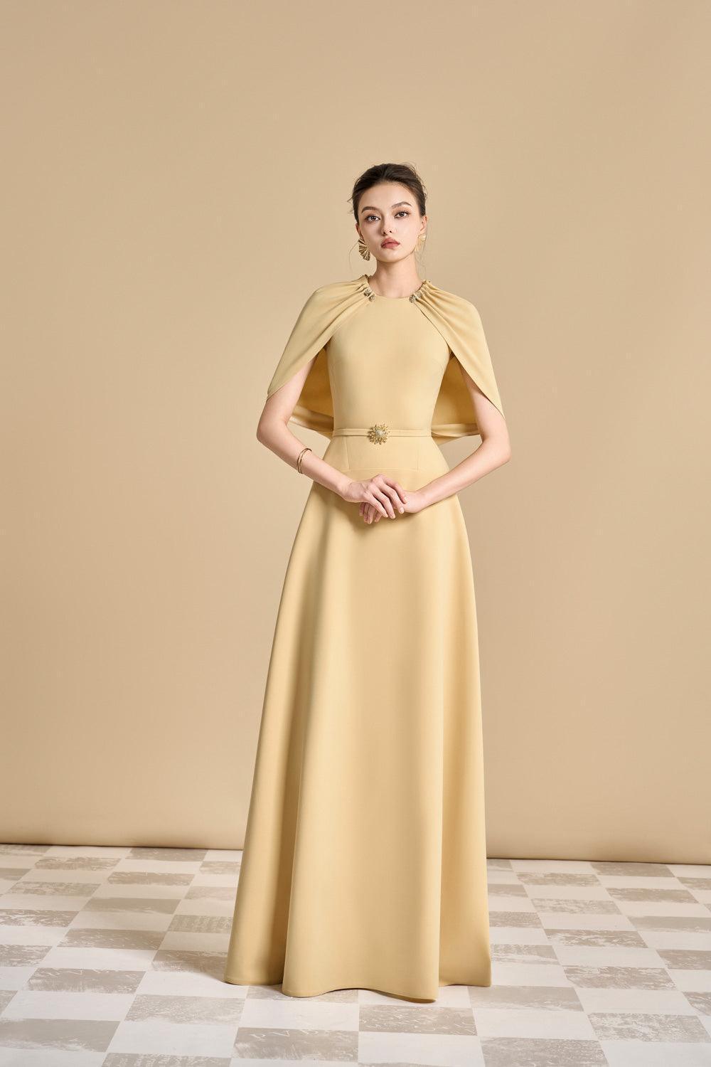 Flowering Girl Women Jasmine A-Line Cape Sleeved Maxi Dress In Yellow Beige