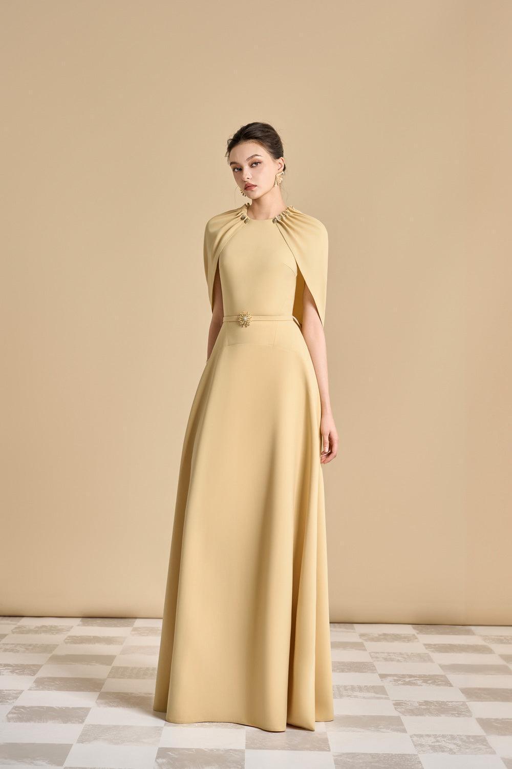 Flowering Girl Women Jasmine A-Line Cape Sleeved Maxi Dress In Yellow Beige