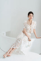 leona Cropped Peak Lapel Lace top skirt set in white