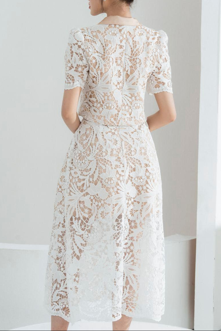 Leona Cropped Peak Lapel Lace Top Skirt Set In White