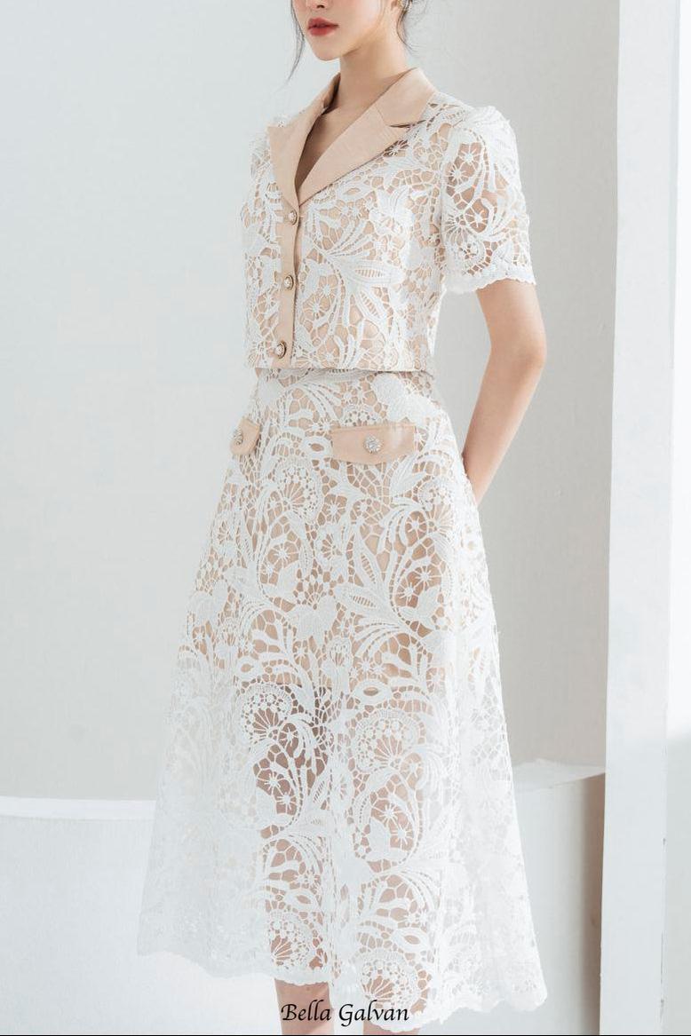leona Cropped Peak Lapel Lace top skirt set in white