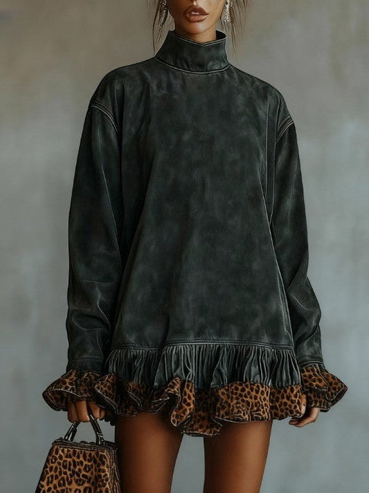 Turtleneck suede leopard print paneled hem mini dress