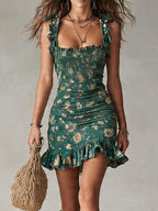 Flowering Girl Women Bohemian Green Printed Ruffled Mini Dress
