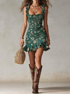 Flowering Girl Women Bohemian Green Printed Ruffled Mini Dress
