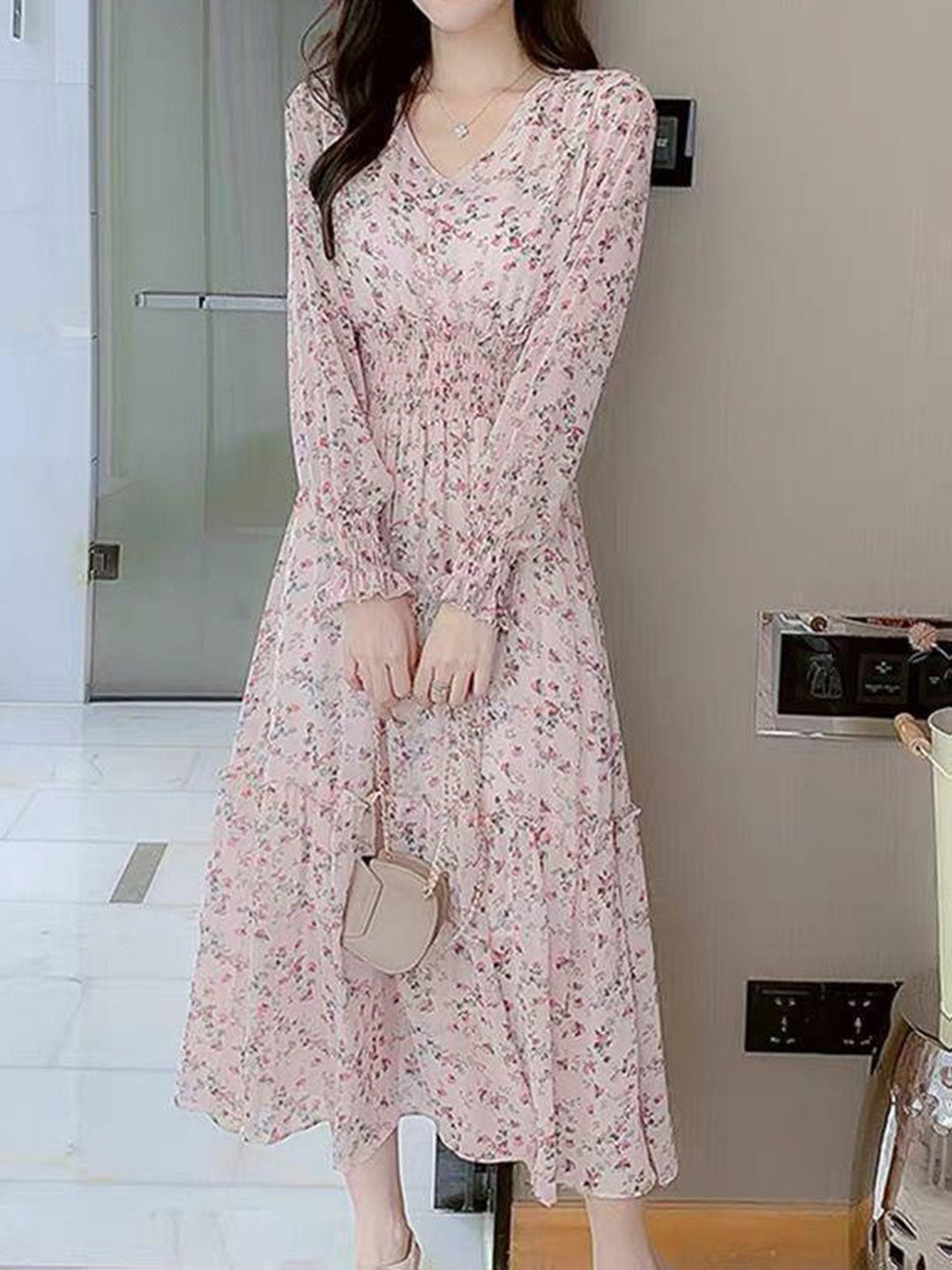 janet Classic Floral Ruffle Chiffon Dress-Yellow
