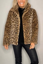 Flowering Girl Women Stylish Leopard Print Lapel Faux Fur Mid-length Coat