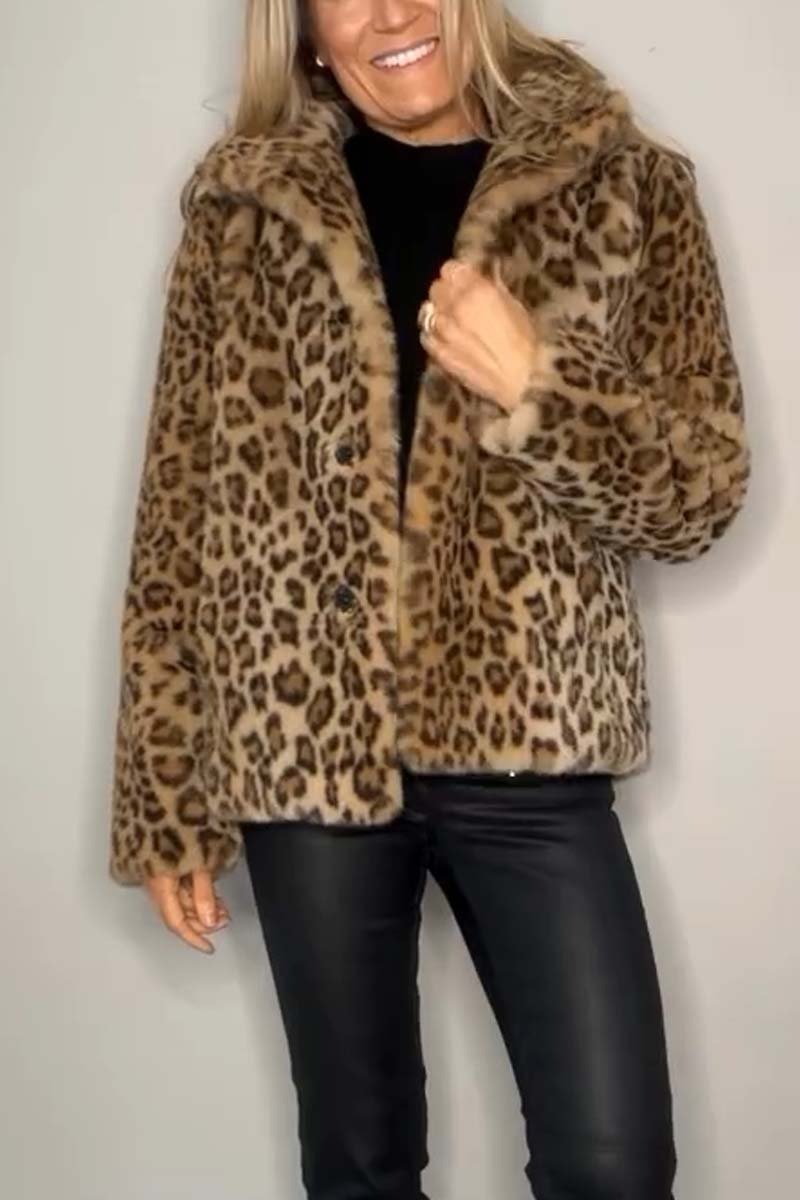 Flowering Girl Women Stylish Leopard Print Lapel Faux Fur Mid-length Coat