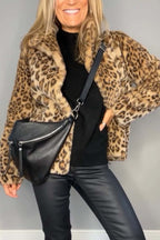 Flowering Girl Women Stylish Leopard Print Lapel Faux Fur Mid-length Coat