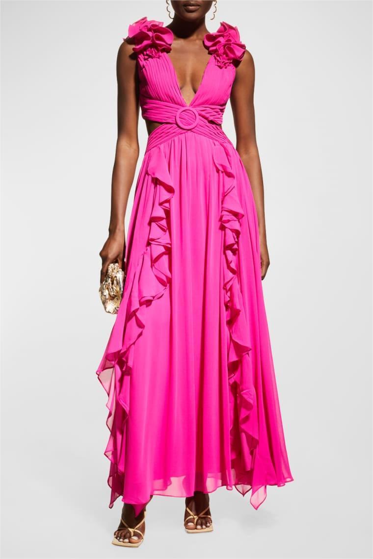 Flowering Girl Women Sleeveless V-Neck Ruffle Hem Lace Up Maxi Dress