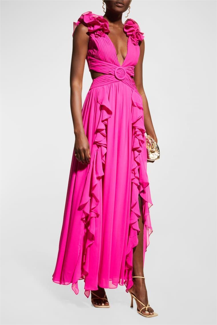 Flowering Girl Women Sleeveless V-Neck Ruffle Hem Lace Up Maxi Dress