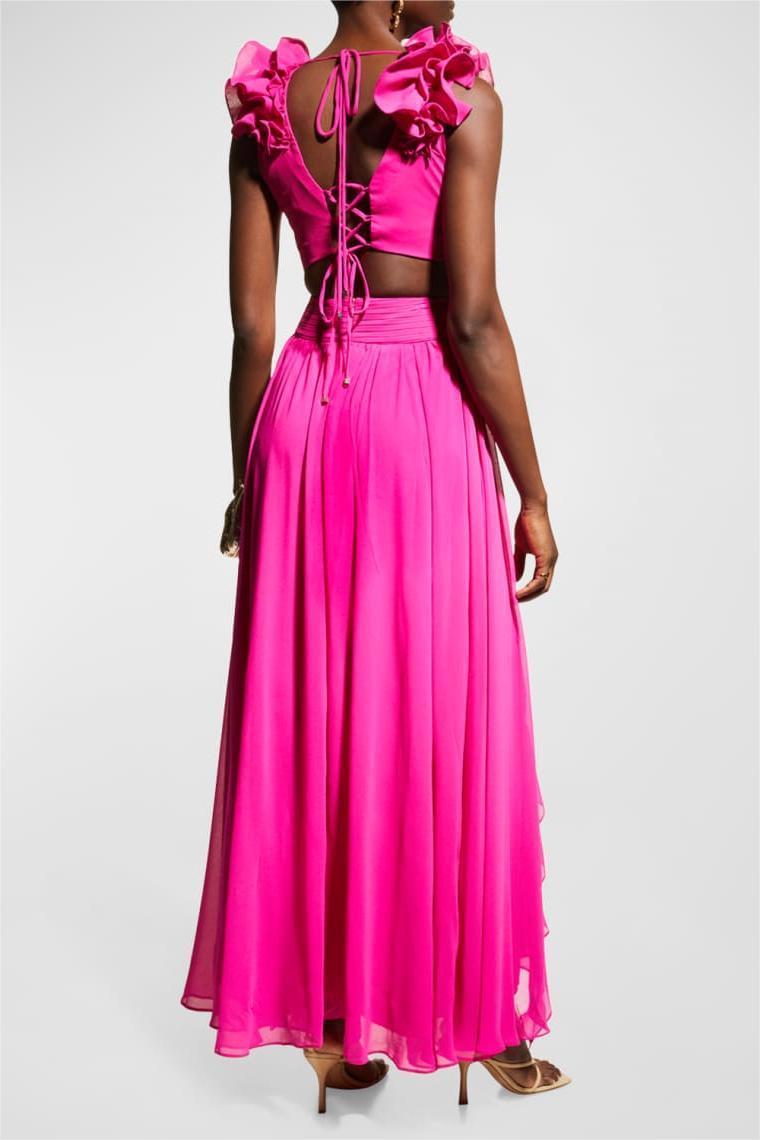 Flowering Girl Women Sleeveless V-Neck Ruffle Hem Lace Up Maxi Dress