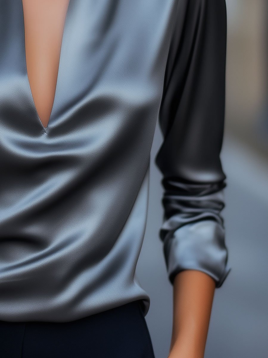 Silver Satin Blouse With Plunging V-Neck