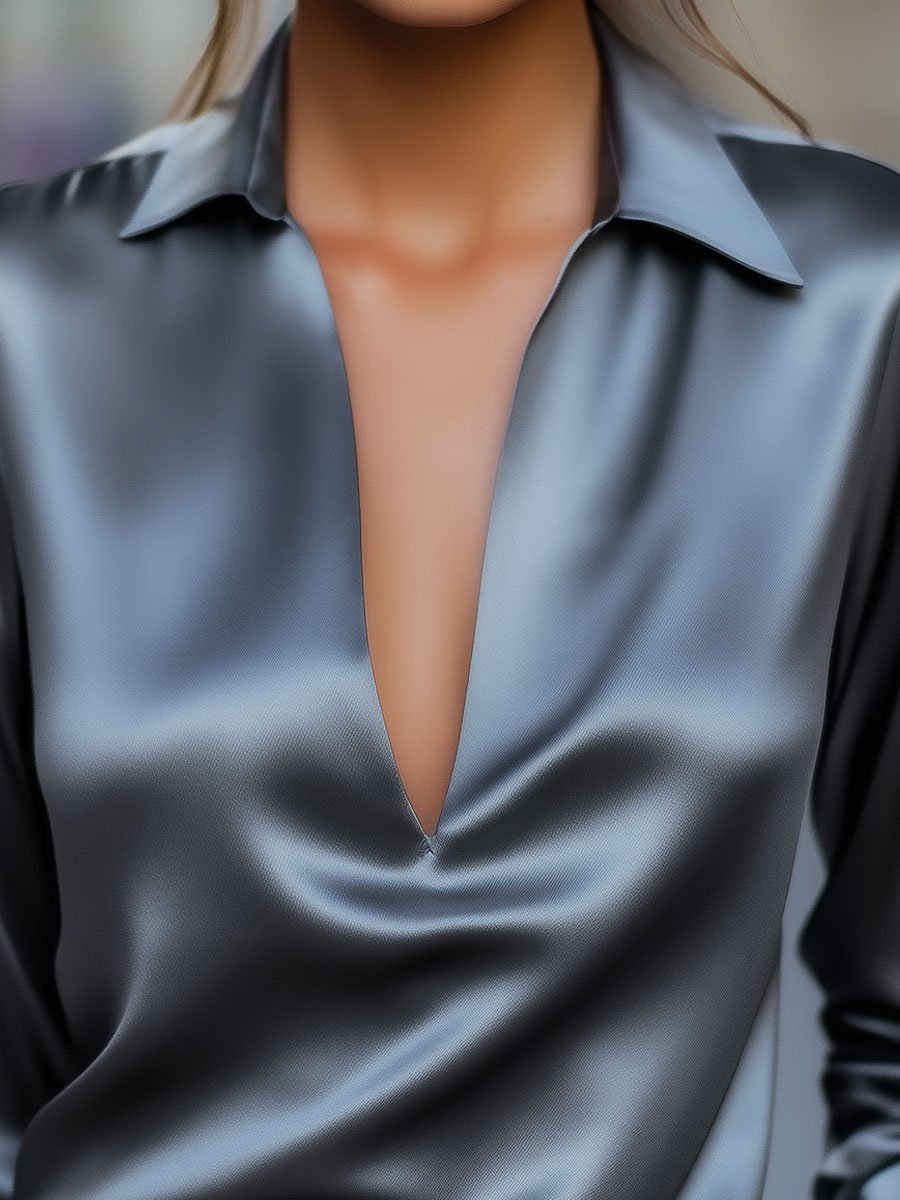 Silver Satin Blouse With Plunging V-Neck