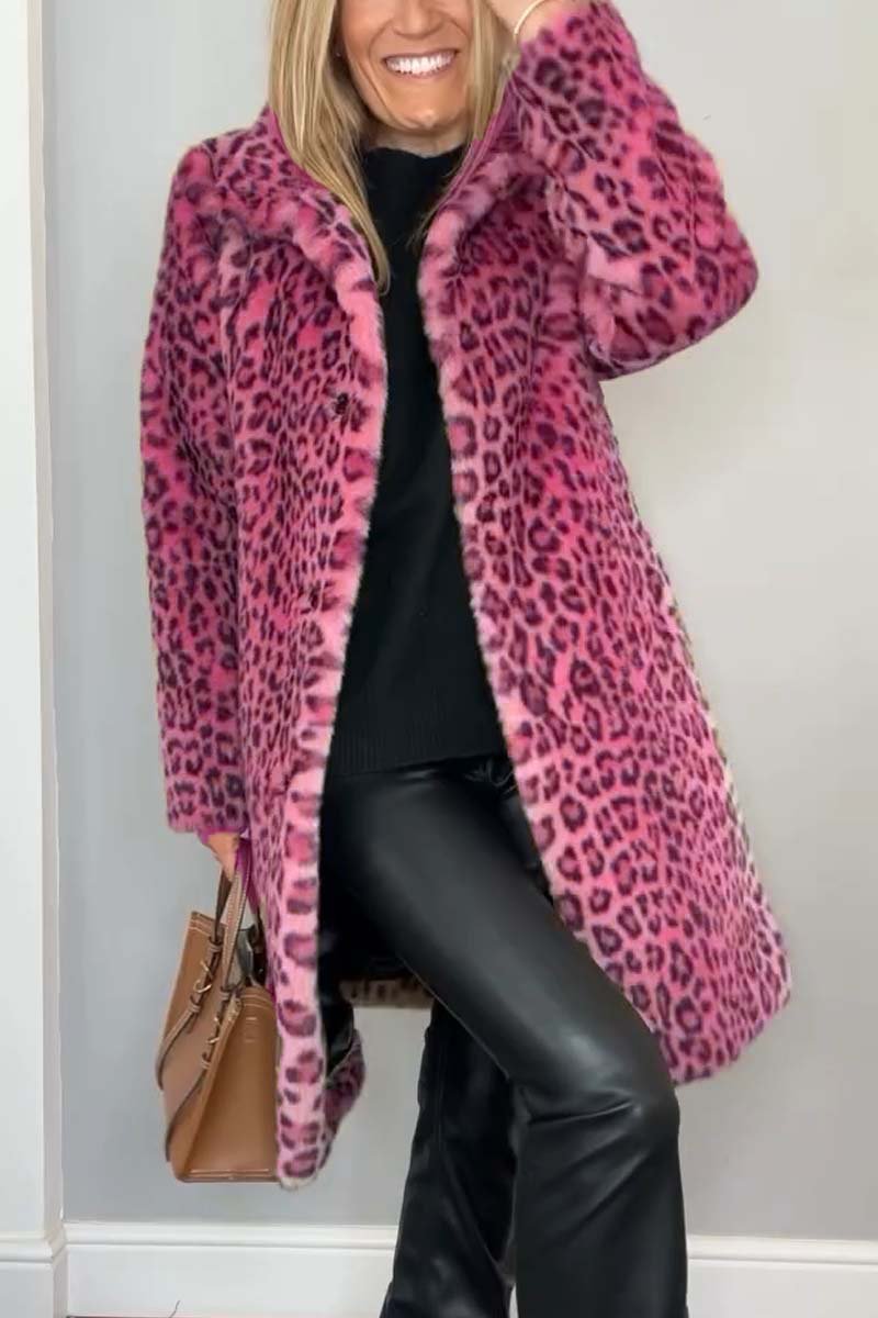 Flowering Girl Women Stylish Leopard Print Lapel Faux Fur Mid-length Coat