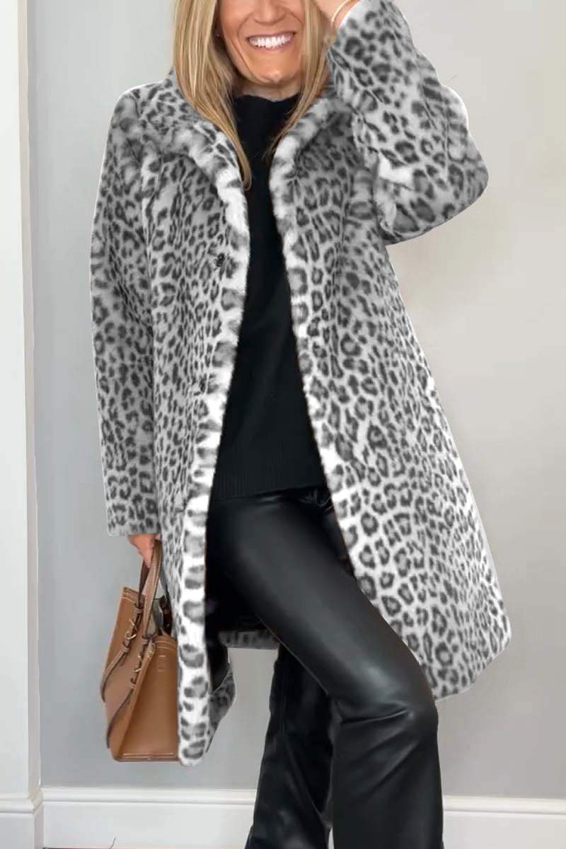 Flowering Girl Women Stylish Leopard Print Lapel Faux Fur Mid-length Coat